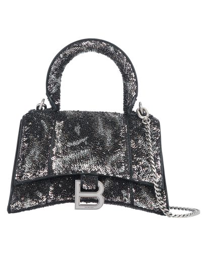 Hourglass XS Top Handle, &pound;850, Handbags, Black/Grey, Leather/Sequins, Front view